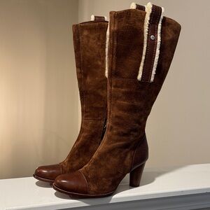 UGG Women's Tan Heeled Boots with Shearling Trim